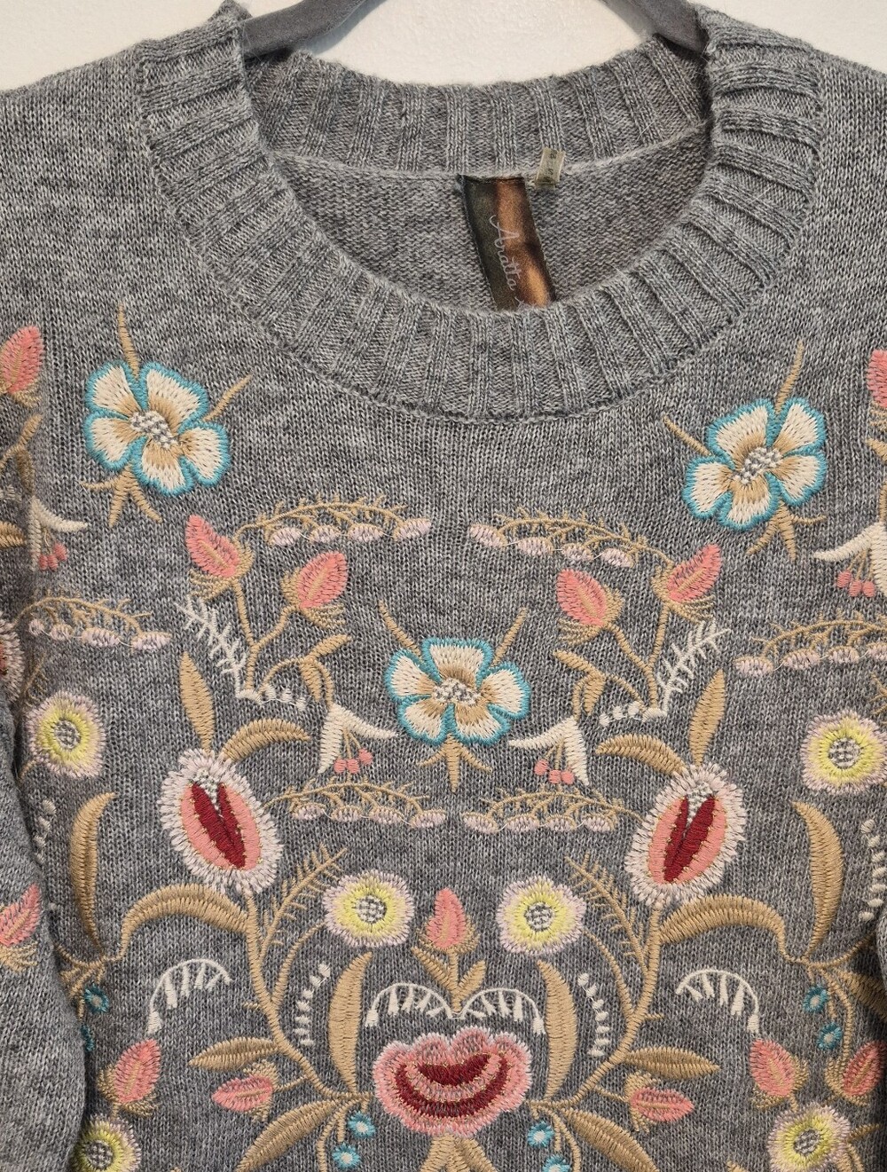 Anthropologie Aratta Silent Journey Embroidered Sweater Grey Floral Sz Small - Picture 3 of 10